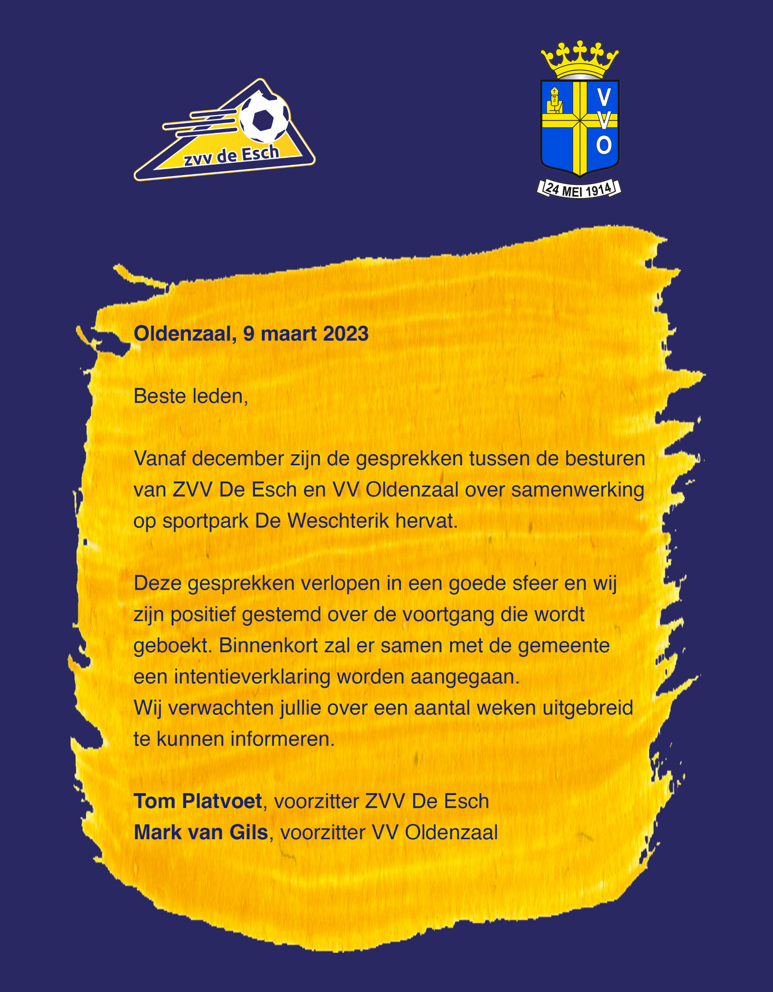 Bericht van de voorzitters van vv Oldenzaal en zvv De Esch